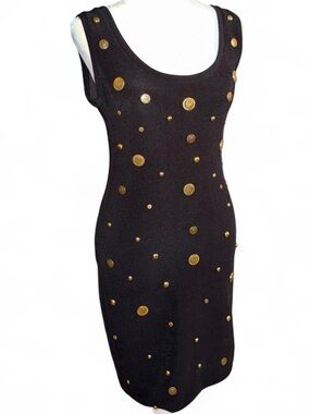 Vintage 1980s Ann Hobbs Black Bodycon Dress with Gold Coin Studs